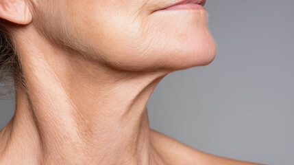 Close up view of elderly person neck and jawline showing natural skin texture and wrinkles with soft lighting on neutral background, highlighting aging skin details
