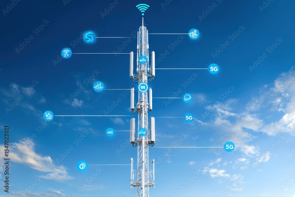 Poster this stock image features a detailed cross-section diagram of a 5g antenna tower with various icons 