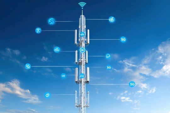 This stock image features a detailed cross-section diagram of a 5G antenna tower with various icons on it. The diagram showcases the inner workings and components of the cell tower.