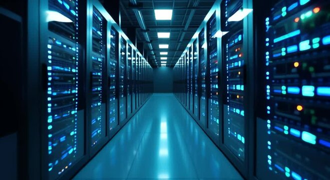 server room rows servers illuminated lights top room servers arranged neat rows room f