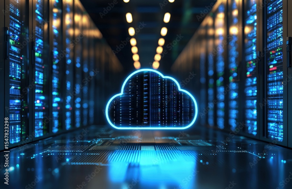 Aufkleber Futuristic cloud computing concept showing a glowing cloud icon integrated with digital server racks in a data center corridor with illuminated blue and orange lights