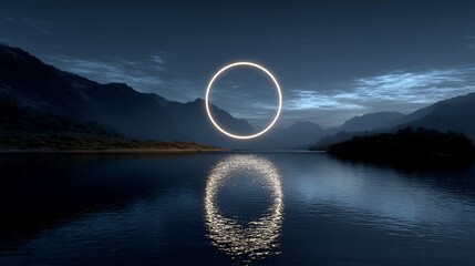 A glowing, ring shaped portal floating above a serene mountain lake at dusk, its reflection shimmering on the water, magical and mysterious, fantasy art