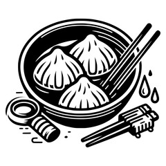 Black and white detailed icon of plate with hot dumplings and chopsticks on rest, isolated vector for Asian food design
