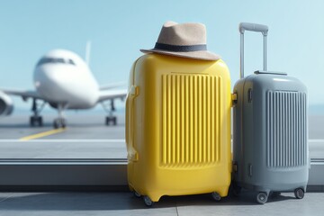 Colorful travel suitcases with a straw hat beside a large airport window overlooking a plane on the runway, symbolizing vacation, journey, or international travel plans