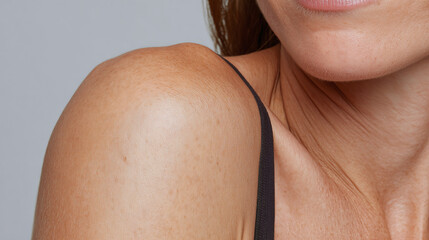Zoomed view of upper arm skin showing natural texture and freckles with black strap on shoulder, highlighting healthy and smooth skin in soft lighting