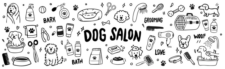 Set of hand drawn vector dog salon, dog grooming doodle collection
