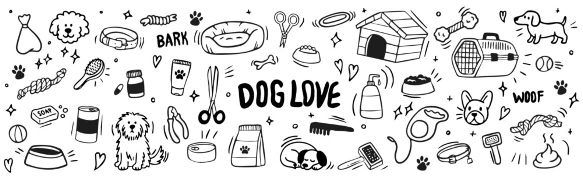 Set of hand drawn dog care and accessories doodle vector set 
