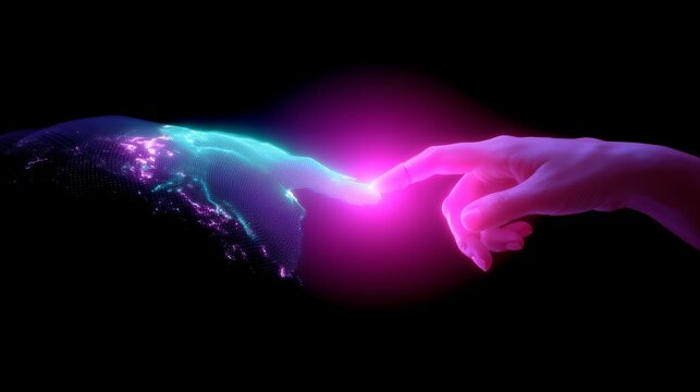 Digital connection between human and virtual realm represents modern technology's impact on society