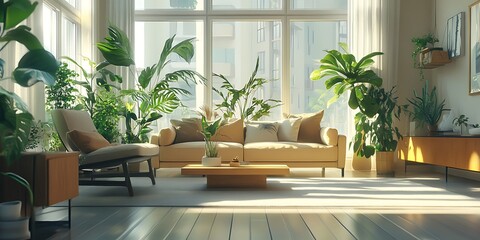 Fototapeta premium Bright living room filled with plants and sunlight