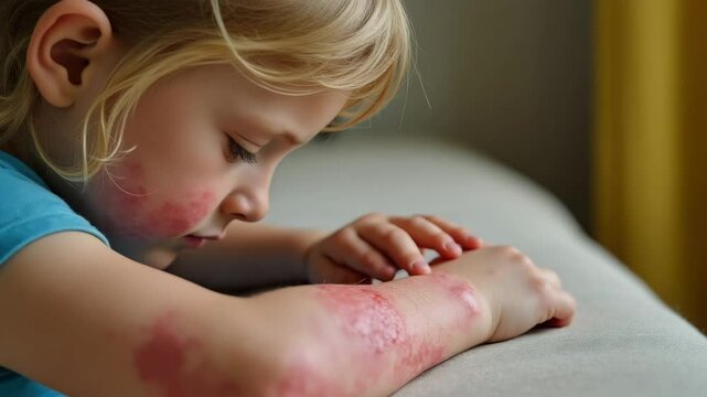 Atopic Dermatitis concept ,Eczema patches child skin irritation rash visible face and arm showing discomfort and irritated skin