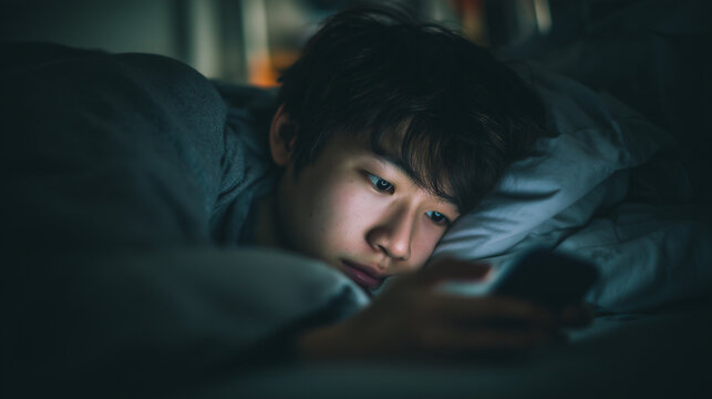 夜更かしで画面を見つめる男性の温かなベッドタイム | 青い光