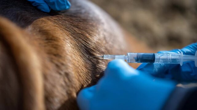 Veterinary dog injection in clinic showing vet hands administering veterinary injection. Veterinary dog injection performed by vet with gloves during medical care.