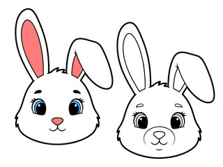 Cute cartoon bunny head illustration, with one colored white version and one black and white outline. Ideal for animal themes or coloring pages.