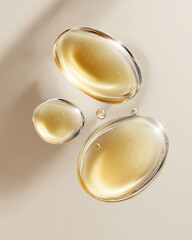 Golden Oil Capsules on Cream Background With Soft Light and Shiny Surface Texture
