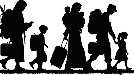 Silhouette of war refugees walking with luggage and children vector style on white background