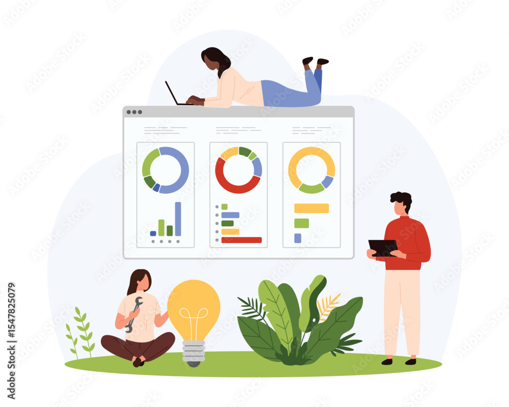 Poster statistics analysis of marketing data and pie charts. tiny people work with digital graph and diagra