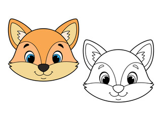 Cute cartoon fox head illustration, with one colored version and one black and white outline. Ideal for animal themes or children's coloring pages.