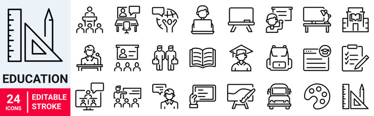 Education and e learning web icons in line style. School, university, success, academic, textbook, Distance learning Electronic resources