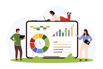 Data analysis, marketing vector illustration. Cartoon tiny people research information and report results on big tablet screen, process of optimization, control of statistics charts by analysts
