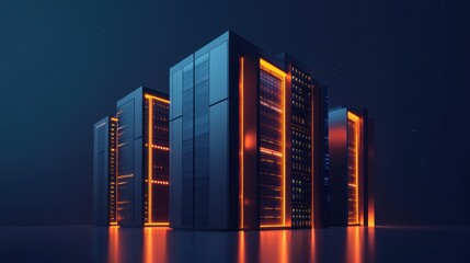 Futuristic server farm at night. Modern data centers with orange lighting
