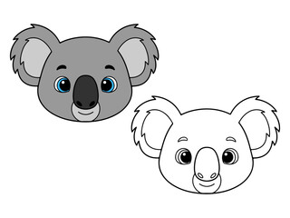 Cute cartoon koala head illustration, with one colored gray version and one black and white outline. Ideal for animal themes or coloring pages.