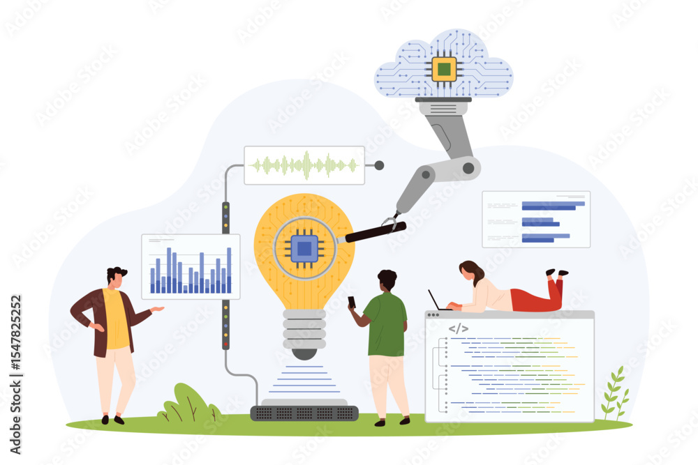 Poster cloud analysis of digital project, data optimization. tiny people with magnifying glass and robotic 