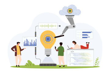 Cloud analysis of digital project, data optimization. Tiny people with magnifying glass and robotic arm manipulator research bright light bulb with microchip, analyze chart cartoon vector illustration
