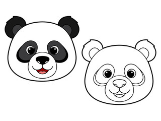 Cute cartoon panda head illustration, with one colored version (black and white with pink tongue) and one black and white outline. Ideal for animal themes or coloring pages.
