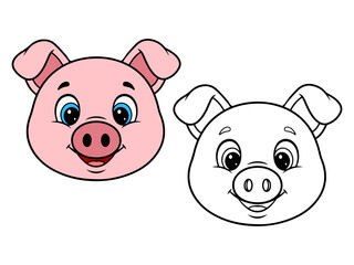 Cute cartoon pig head illustration, with one colored pink version and one black and white outline. Ideal for farm animal themes or coloring pages.