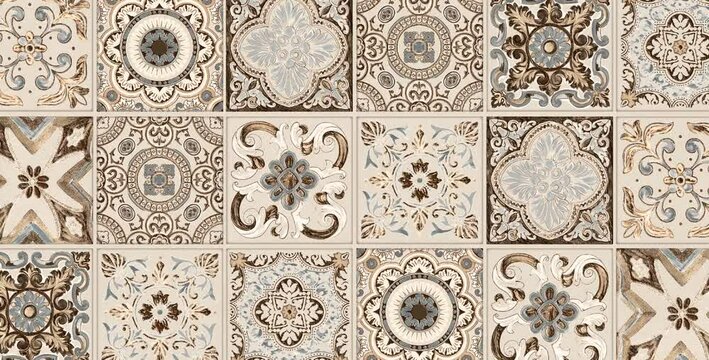 Vintage ceramic tile seamless pattern design with brown geometric floral texture, rustic decorative wall background for home and interior