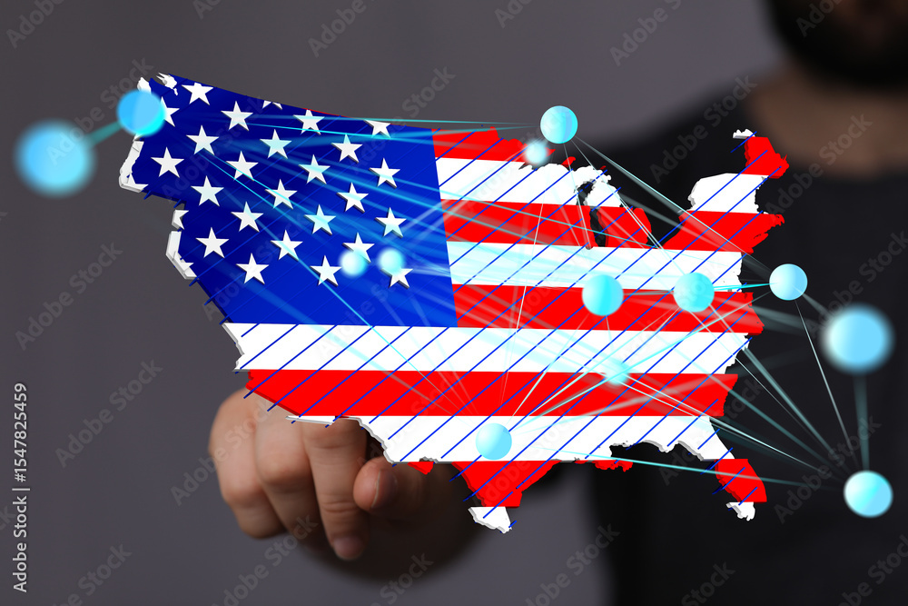 Poster high-quality stock photo of a digital map of the usa, highlighting network connections and infrastru