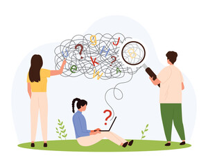 Dyslexia, difficulty in reading, understanding in communication, data processing vector illustration. Cartoon tiny people with magnifying glass and laptop study chaos of tangled thread with letters