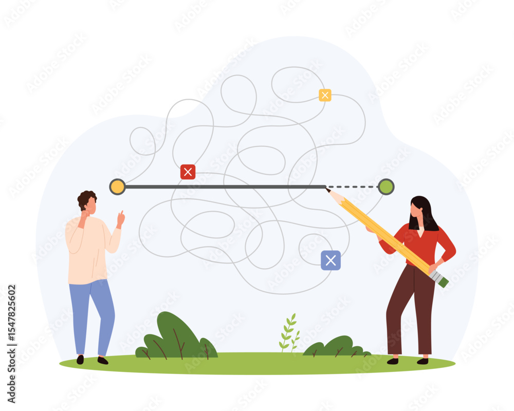 Poster easy and simple solution to difficult complex problem, simplicity. tiny people with pencil choose sh