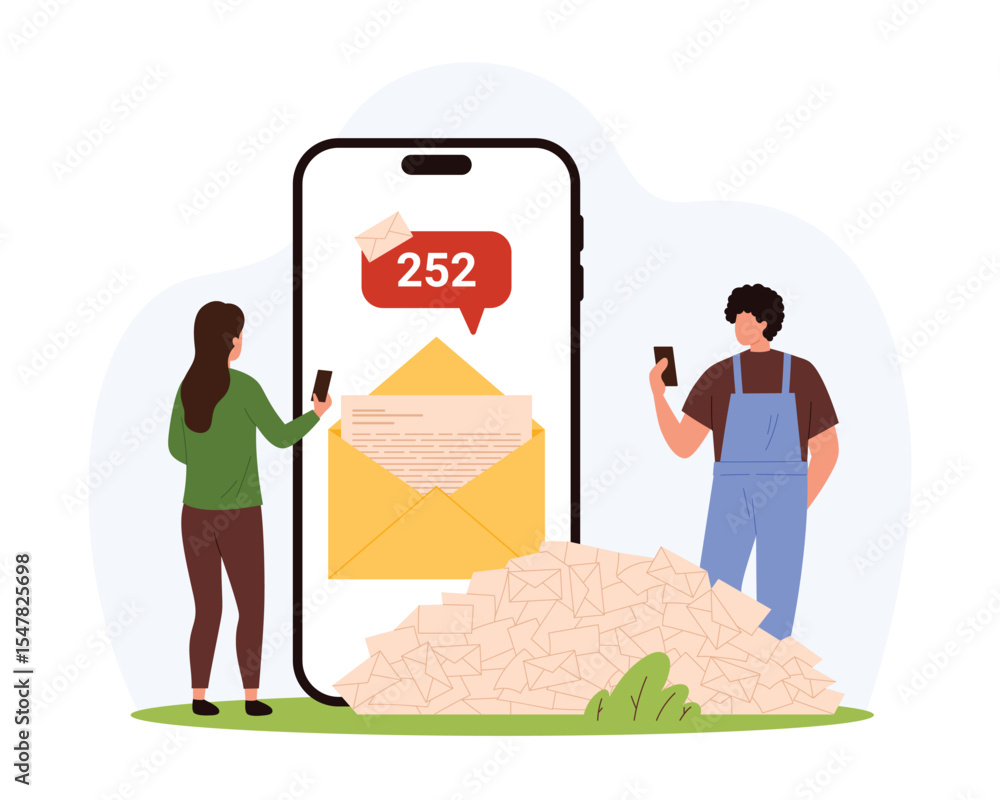 Poster alert notification of spam, mailbox mobile application overload with marketing emails. tiny people s