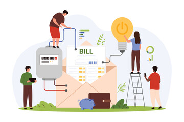 Payment for electricity using utility bill from paper letter. Tiny people check electric energy consumption for light bulbs with meter, unpaid invoice document in envelope cartoon vector illustration