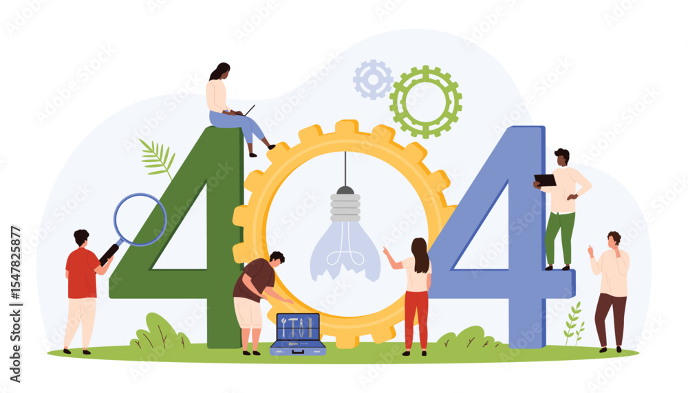 Poster 404 error, page not found. tiny people of technical maintenance service work to update and repair we