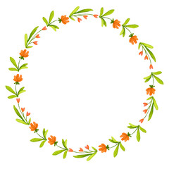 Wreath of orange flowers. Nordic folklore, Scandinavian style. Elements of folk art design. Watercolor background, backdrop for poster, logo, postcard, invitation, label, etc.