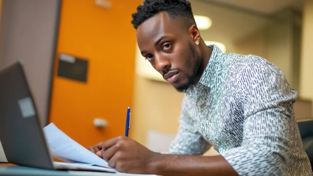 Focused Professional: A sharp image of a focused individual intently reviewing documents, poised to refine and improve strategies with confidence.