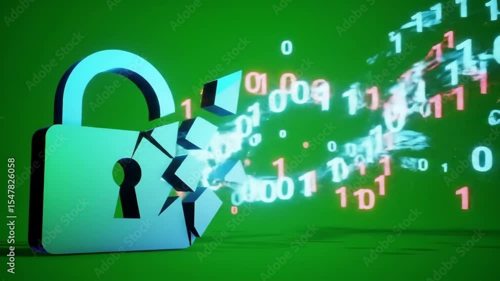 Poster data breach illustration: shattered padlock and escaping binary code