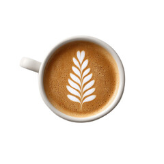 Delightful Latte Art in Creamy Coffee with Leaf Design Inside a White Ceramic Cup on transparent background