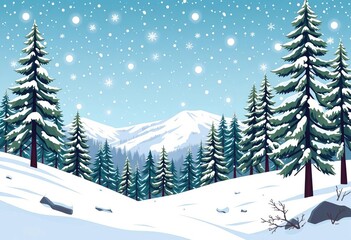 Flat vector illustration of snowy winter mountain landscape with pine trees, hills, and falling snowflakes,  holiday,  clipart