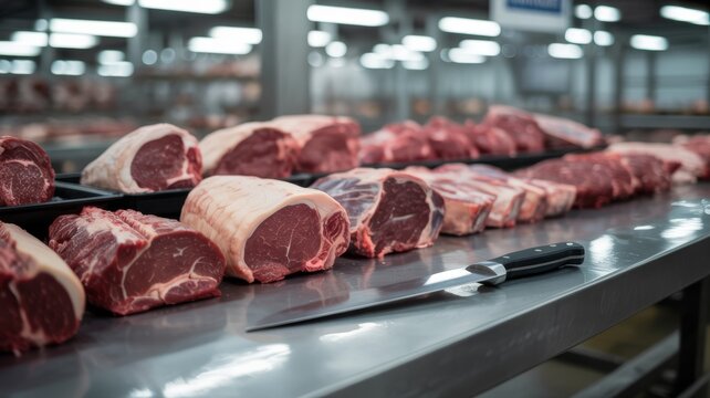Fresh raw beef cuts on stainless steel table in industrial meat processing facility. Butchery, food production, meat industry and culinary ingredients concept.