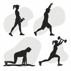 Vector silhouette collection of different poses of people exercising.