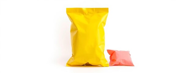 Flat yellow foil snack pouch isolated on white background,   lamination,   packaging material