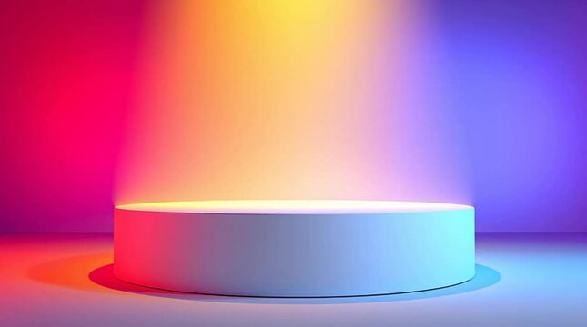 Colorful illuminated round platform pedestal with vibrant lighting effects for modern product presentation.