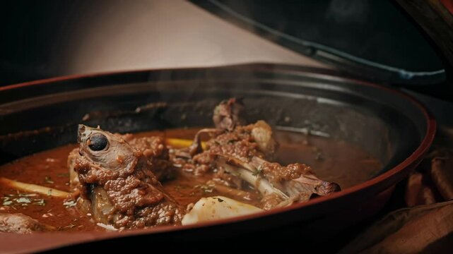 Traditional Moroccan Tagine Opened &ndash; Fragrant Steam and Braised Lamb Revealed