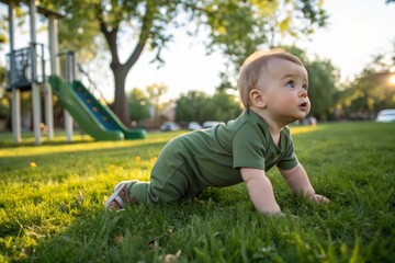 Baby Boy Crawling on Grass in Park, Curious Expression Under Soft Sunlight
