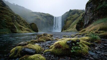 Waterfall flows powerfully amid mossy cliffs mist rises dramatically. Scale emphasized travel implied. AI generated.