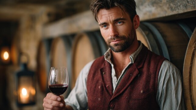 man dressed in vintage clothing stands in a rustic winery, holding a glass of deep red wine. setting features wooden barrels and warm lantern light, creating a cozy evening atmosphere