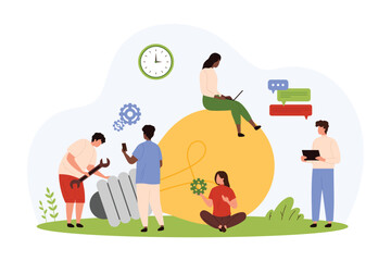 Innovation idea research vector illustration. Cartoon marketing team of tiny people work near gears and big light bulb, think together on startup project and brainstorm solution, repair broken engine